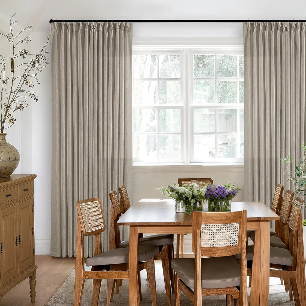 Burlywood Birch Light Filtering Linen Curtains – Pleated Drapes, Pinch Pleat & Grommet 2-in-1, 30% Linen, Includes Rings & Hooks