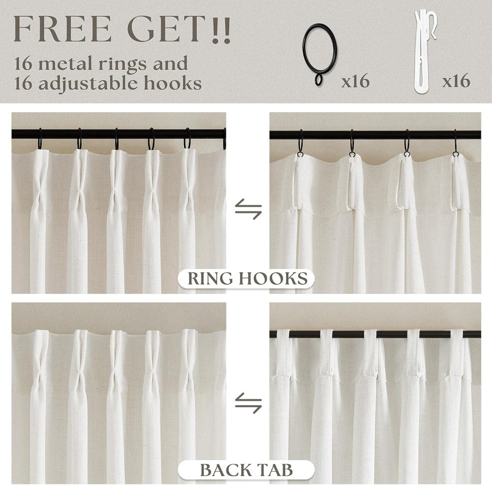 Linen Curtains, Pinch Pleated Drapes for Living Room & Bedroom, Ivory White (Pack of 2)