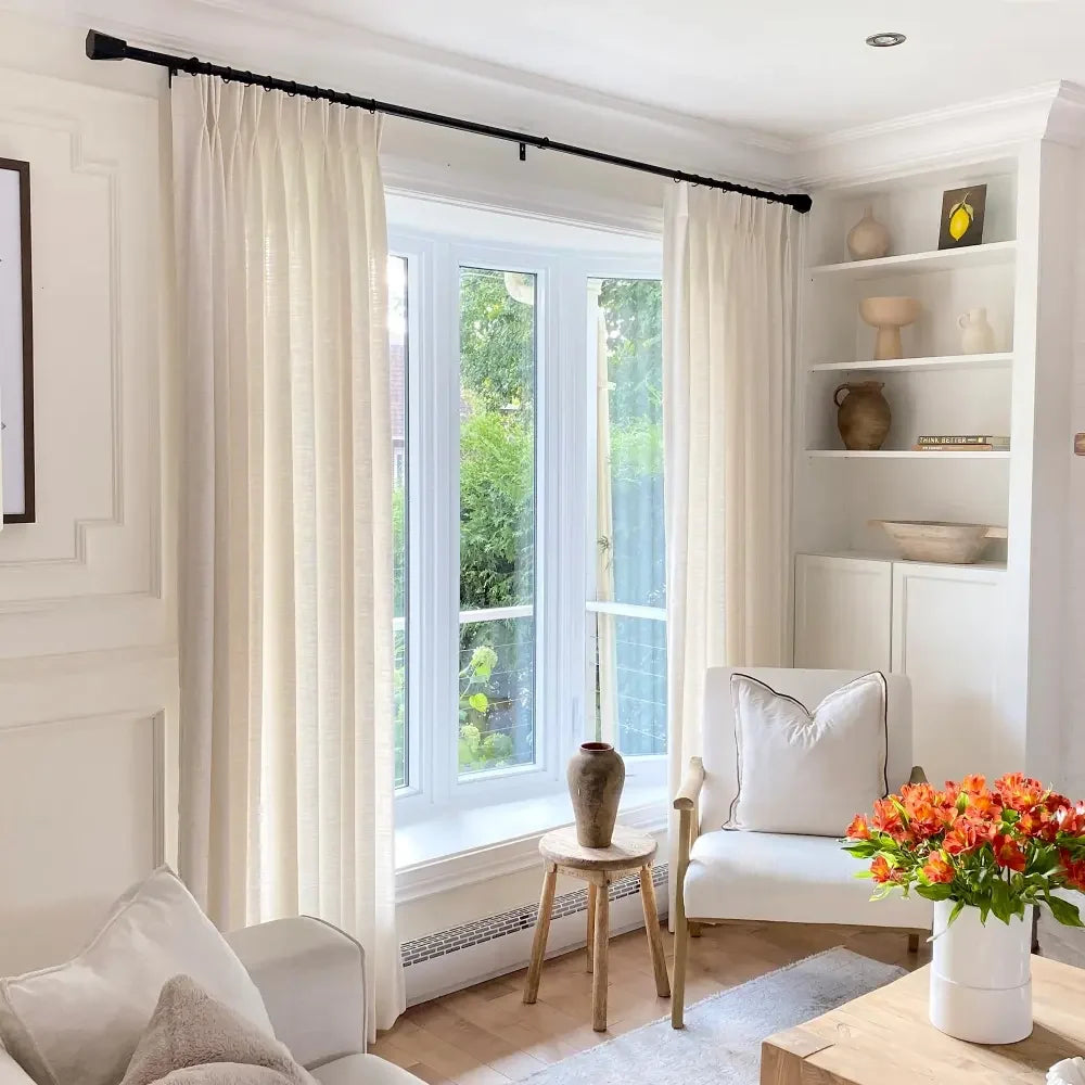 Ivory White Light Filtering Linen Curtains – Pleated Drapes, Pinch Pleat & Grommet 2-in-1, 30% Linen Blend, Includes Rings & Hooks