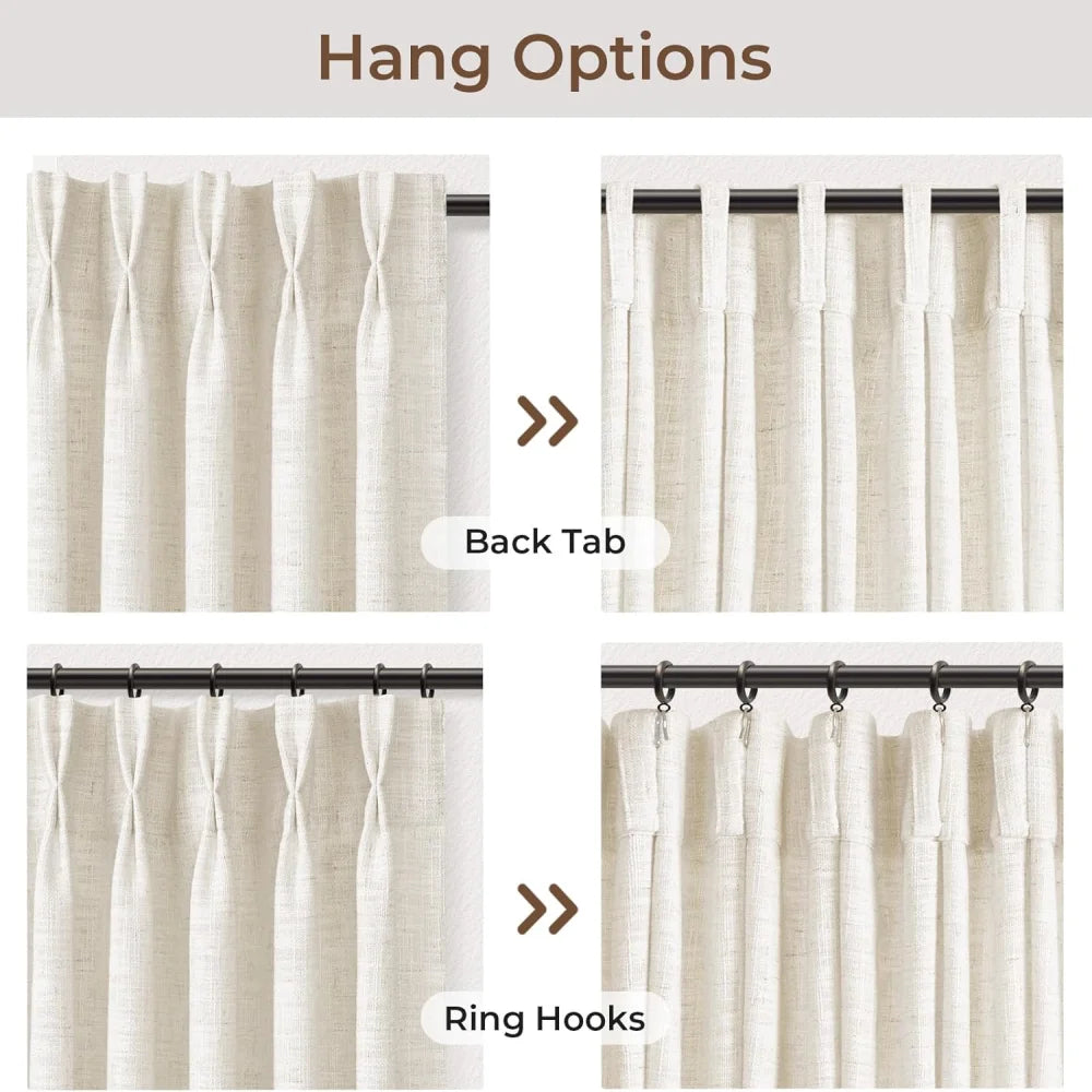 Ivory White Light Filtering Linen Curtains – Pleated Drapes, Pinch Pleat & Grommet 2-in-1, 30% Linen Blend, Includes Rings & Hooks