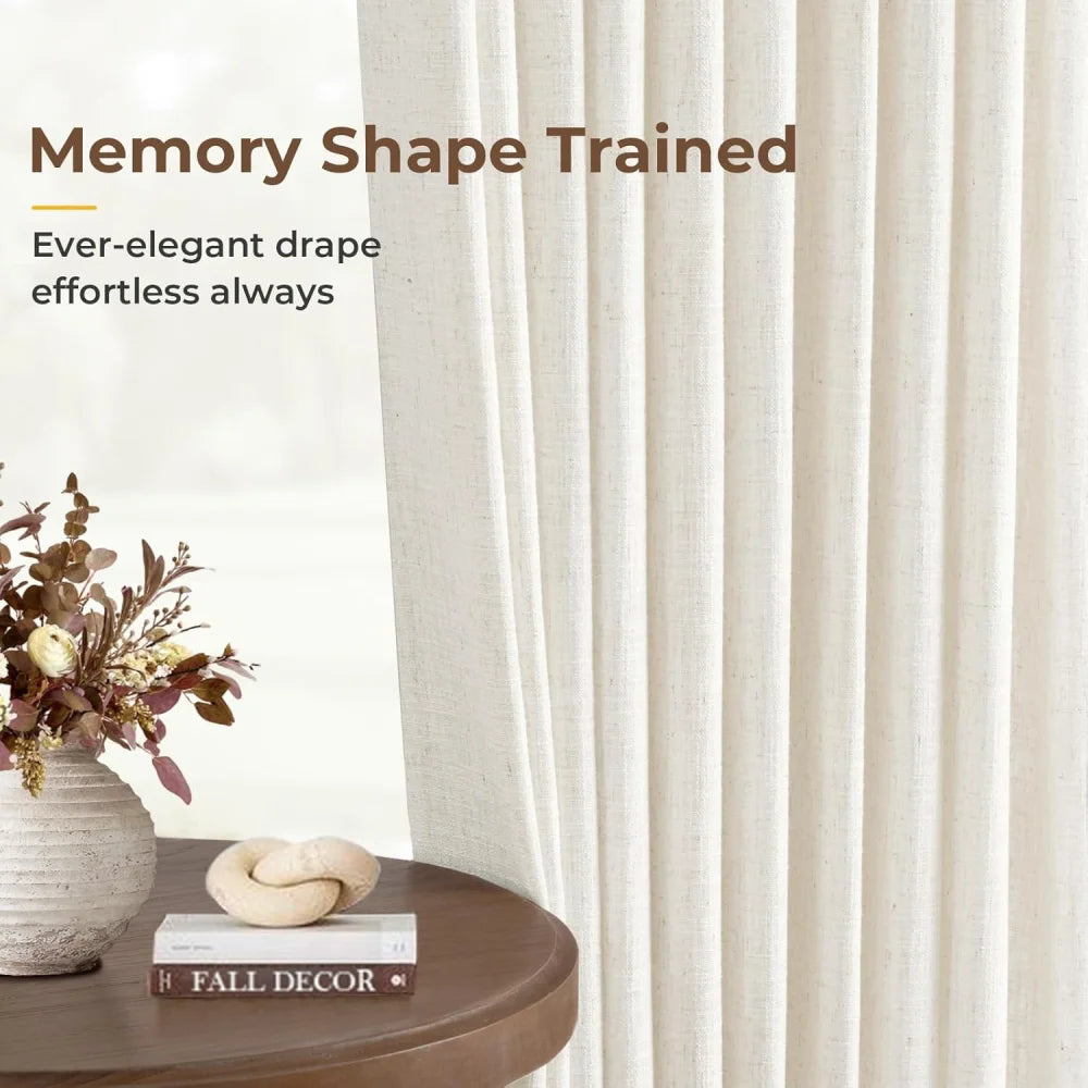 Ivory White Light Filtering Linen Curtains – Pleated Drapes, Pinch Pleat & Grommet 2-in-1, 30% Linen Blend, Includes Rings & Hooks