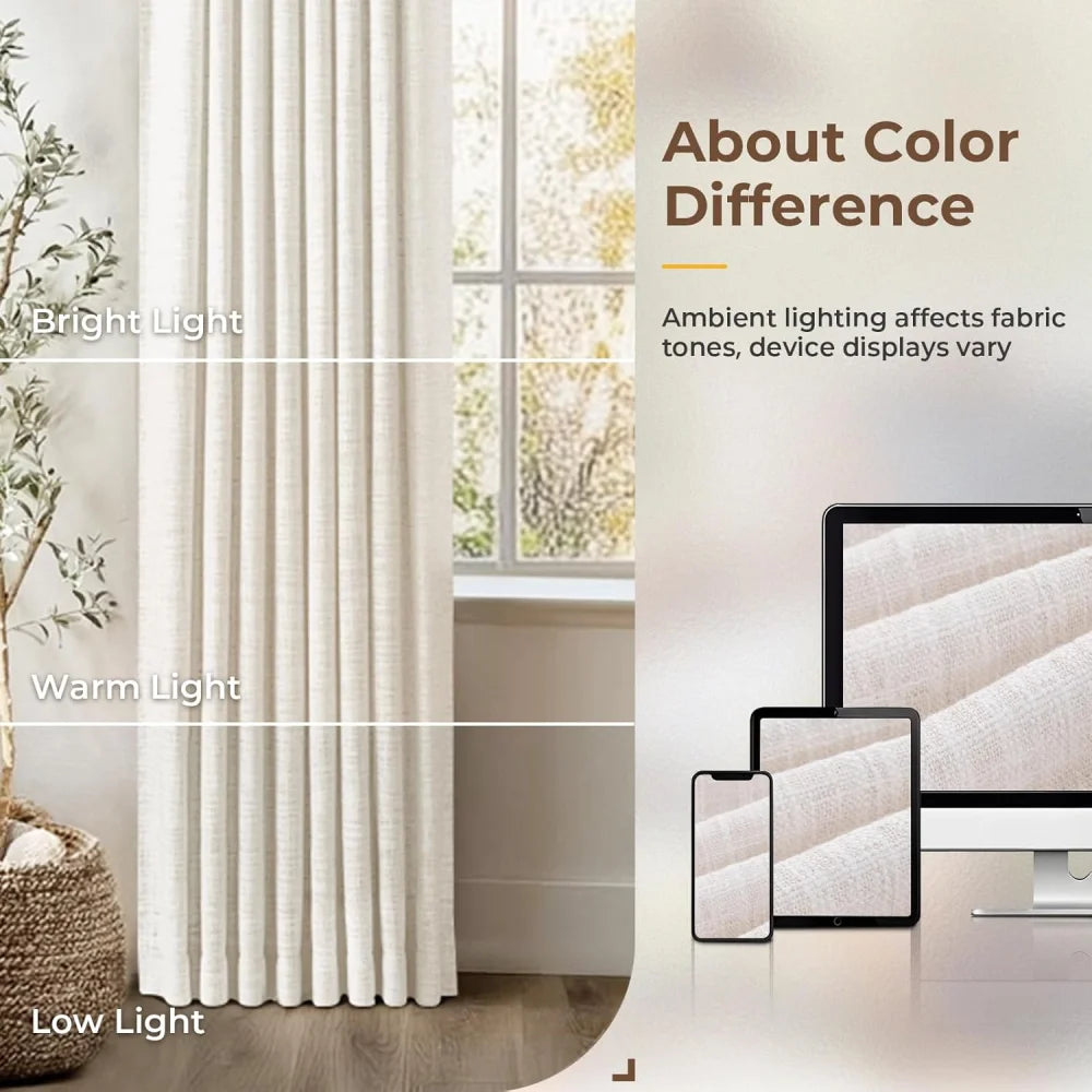 Ivory White Light Filtering Linen Curtains – Pleated Drapes, Pinch Pleat & Grommet 2-in-1, 30% Linen Blend, Includes Rings & Hooks