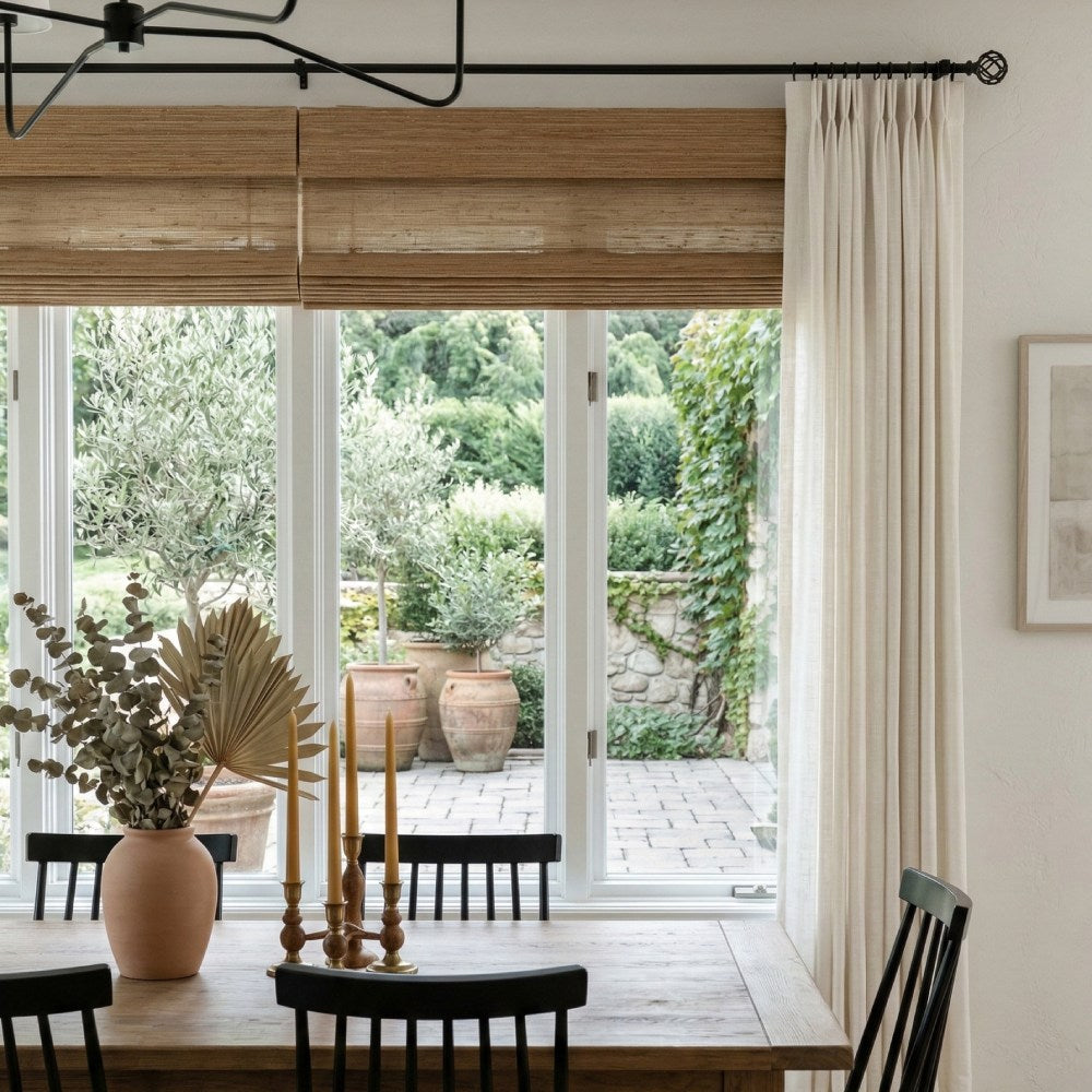 Premium Woven Wood Shades collection featuring handcrafted bamboo, ramie, and jute natural fibers