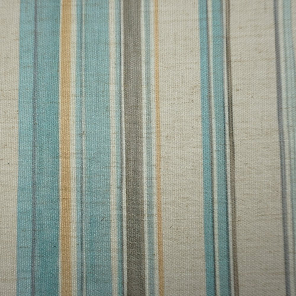 Extreme close-up of the 350g/m² linen-polyester blend fabric texture and detailed vertical stripes.