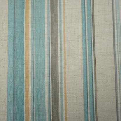 Extreme close-up of the 350g/m² linen-polyester blend fabric texture and detailed vertical stripes.