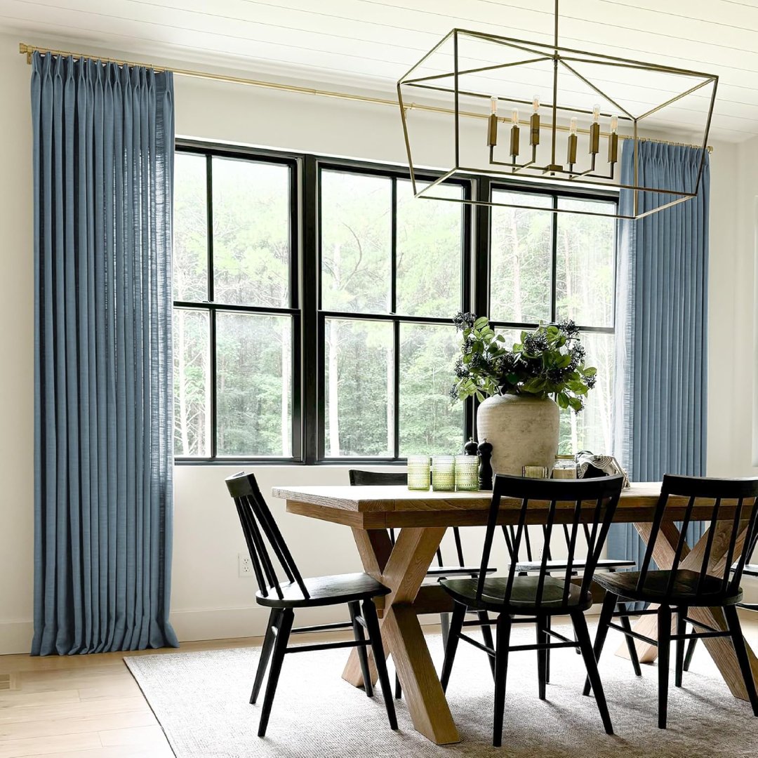 Aegean Blue Linen Curtains in the Dining Room
