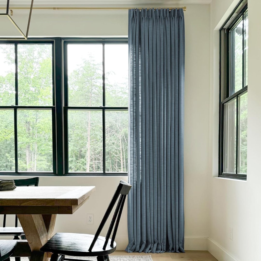 Aegean Blue Linen Curtains, Light-Filtering, in the Dining Room