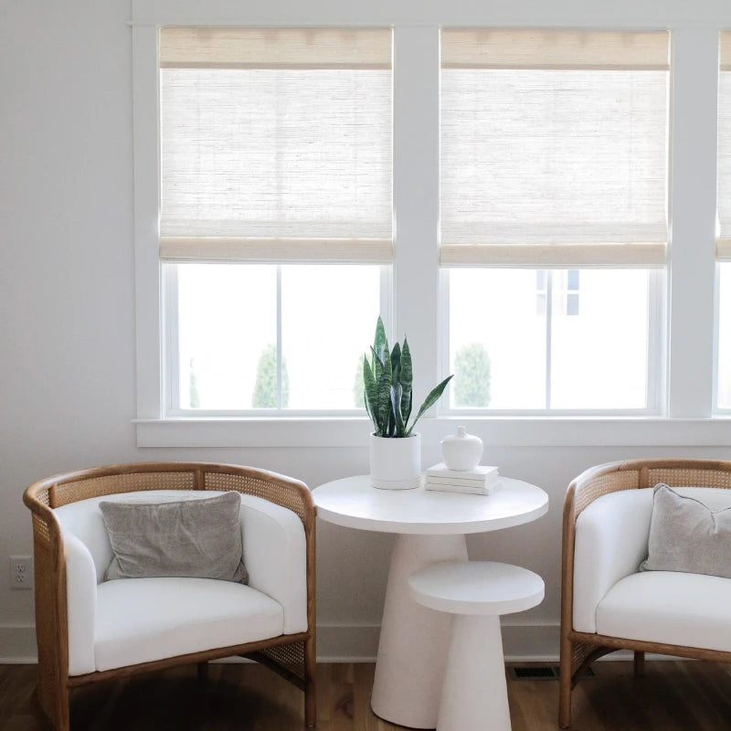 Custom Off-White Woven Wood Shades – Natural Fiber Cordless Blinds