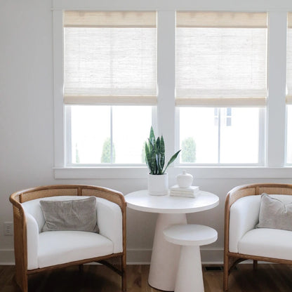 Custom Off-White Woven Wood Shades – Natural Fiber Cordless Blinds