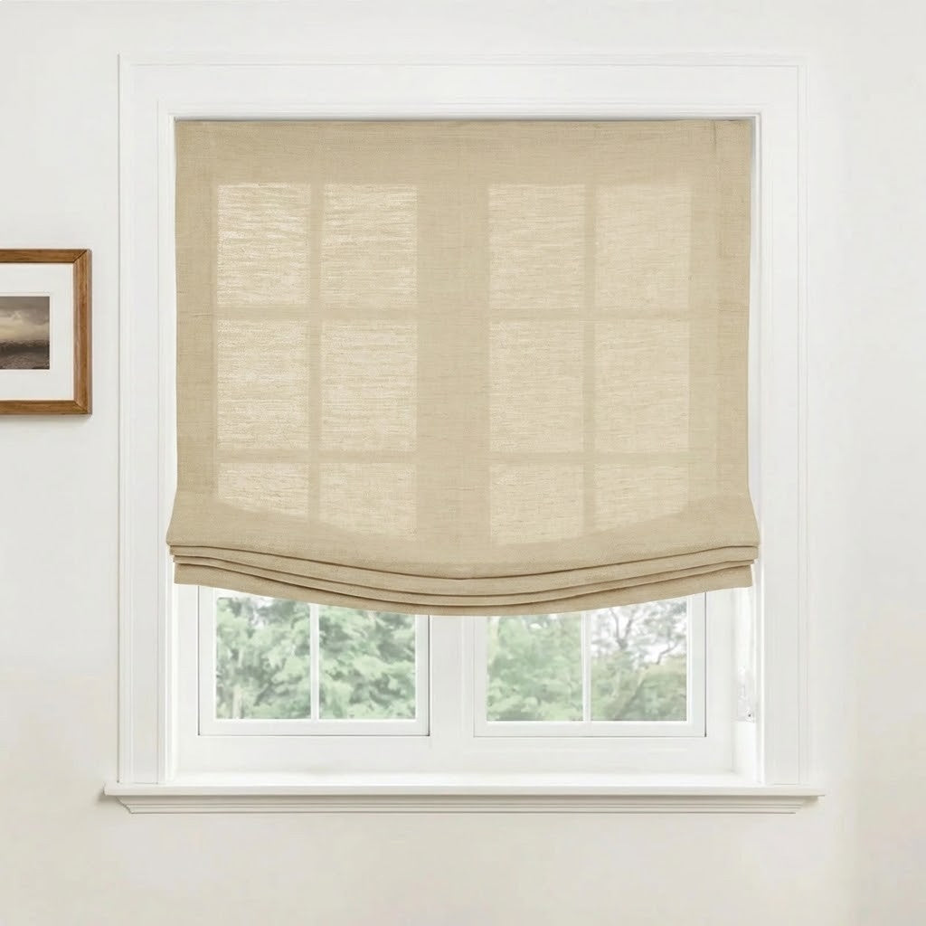 Rowan 30% Natural Linen Relaxed Roman Shade, Custom Cordless & Loop Cord Lift