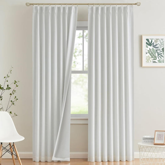 Linen Blackout Curtains, 40“W White Thermal Pinch Pleated Drapes (Pack of 2)