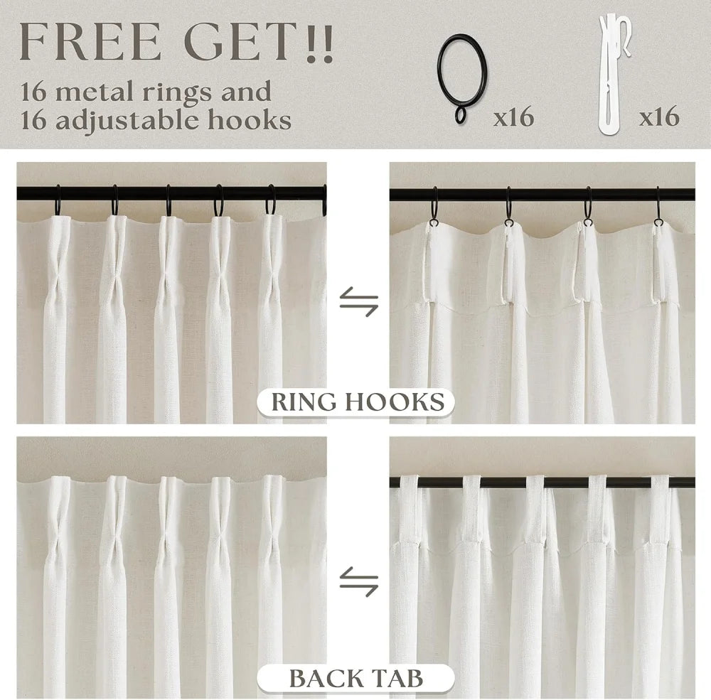 Linen Curtains, Farmhouse Pleated Drapes for Living Room & Bedroom (Pack of 2)