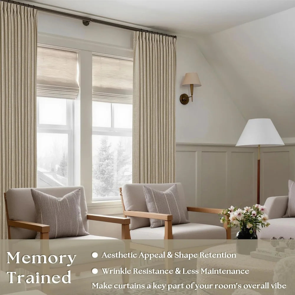 Linen Curtains, Farmhouse Pleated Drapes for Living Room & Bedroom (Pack of 2)