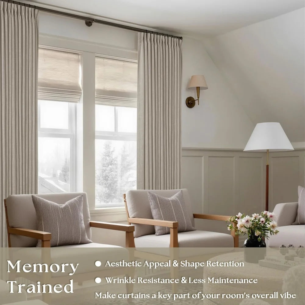 Burlywood Birch Light Filtering Linen Curtains – Pleated Drapes, Pinch Pleat & Grommet 2-in-1, 30% Linen, Includes Rings & Hooks