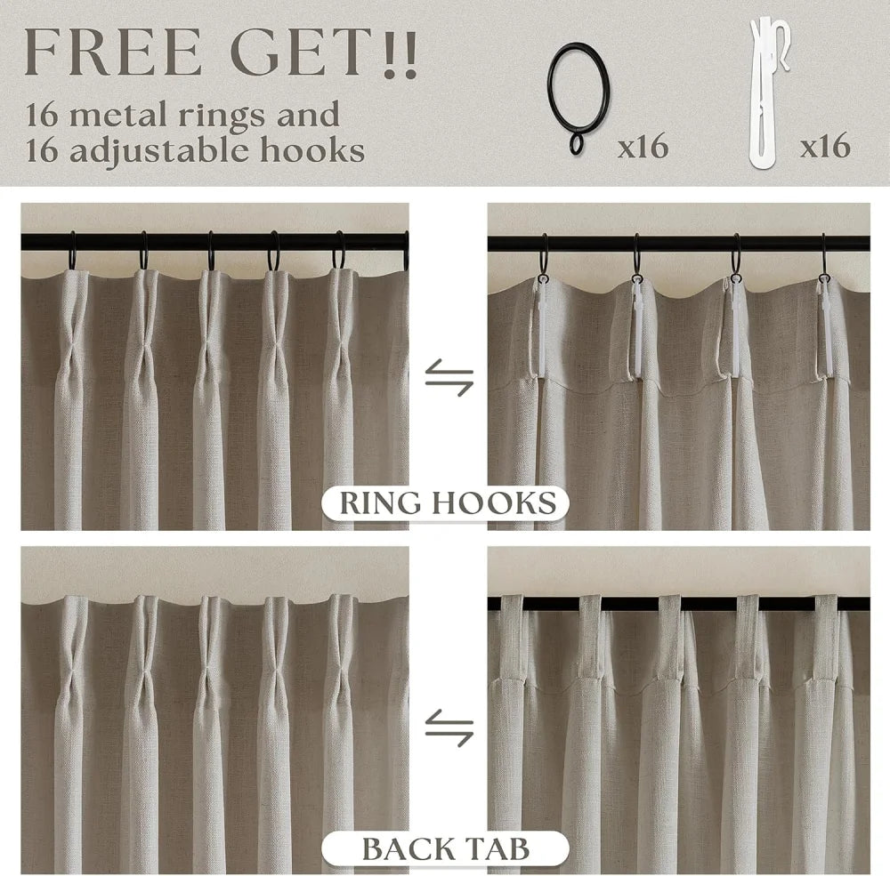 Burlywood Birch Light Filtering Linen Curtains – Pleated Drapes, Pinch Pleat & Grommet 2-in-1, 30% Linen, Includes Rings & Hooks