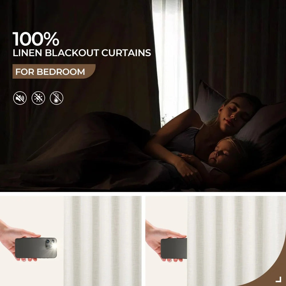 Linen Blackout Curtains, Pinch Pleat Drapes, Room Darkening Thermal Insulated for Living Room (Pack of 2 pcs)