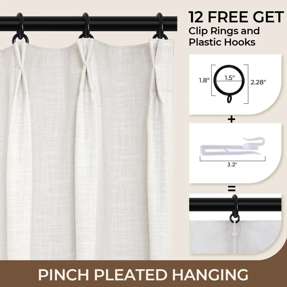 Linen Blackout Curtains, Pinch Pleat Drapes, Room Darkening Thermal Insulated for Living Room (Pack of 2 pcs)