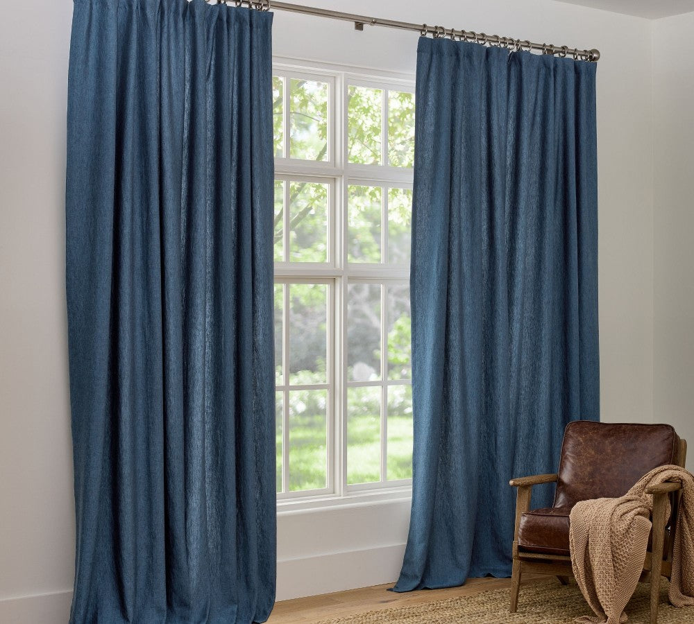 Custom Denim Belgian Flax Linen Unlined Curtain - Casual Blue Textured Look