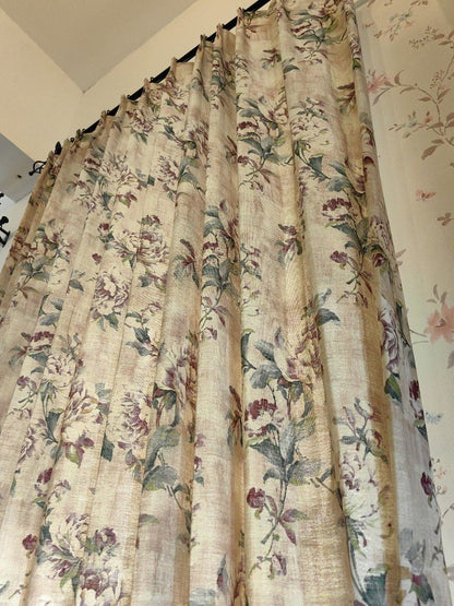 English Rose & Peony Floral Linen Curtains - Custom Romantic Botanical Drapes