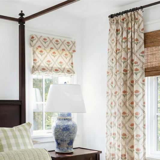 Botanical print linen blend drapes for bedroom privacy and gentle light diffusion.
