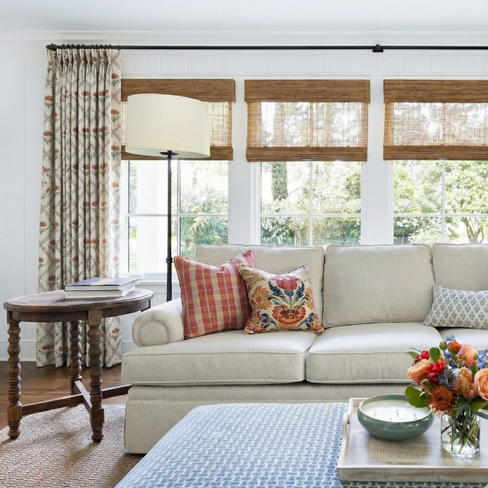 The Cottage Bloom 10% linen blend floral curtain in a bright living room with natural light and farmhouse decor.