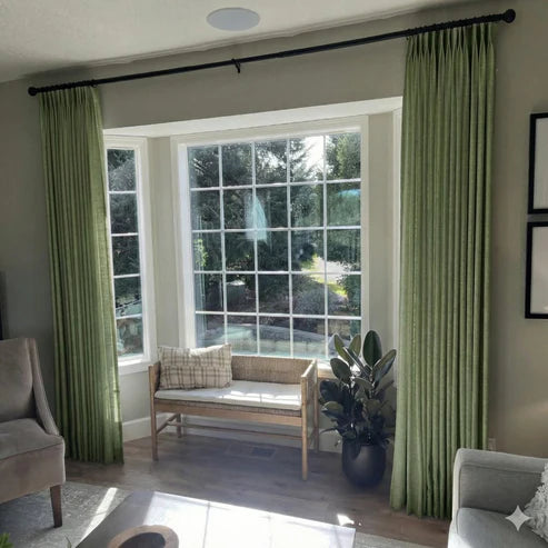 Classic Green pinch pleat linen curtains with durable custom tailoring