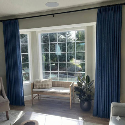 Classic Navy Blue pinch pleat linen curtains for a crisp tailored look