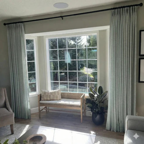 Serene Pale Blue Aqua pinch pleat linen curtains with tailored headers