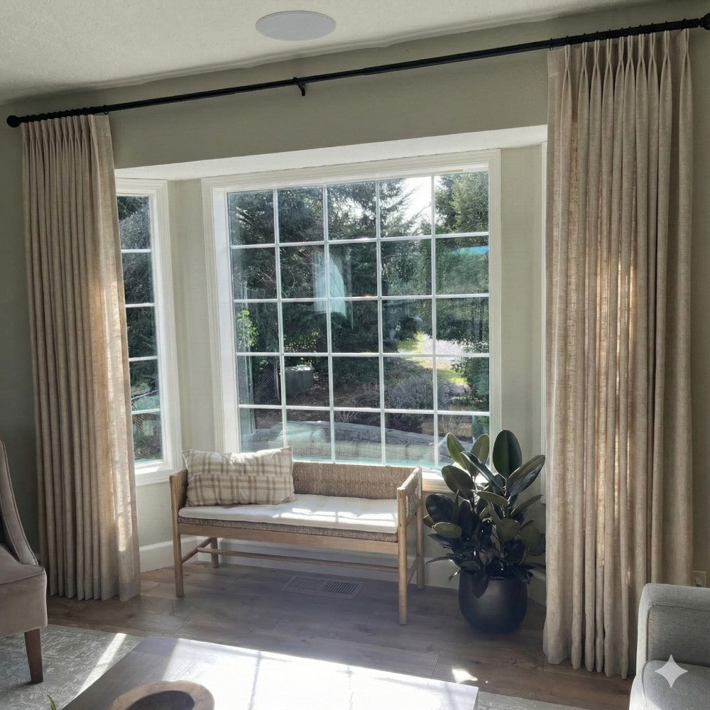 Sophisticated Tapioca pinch pleat linen curtains with tailored folds