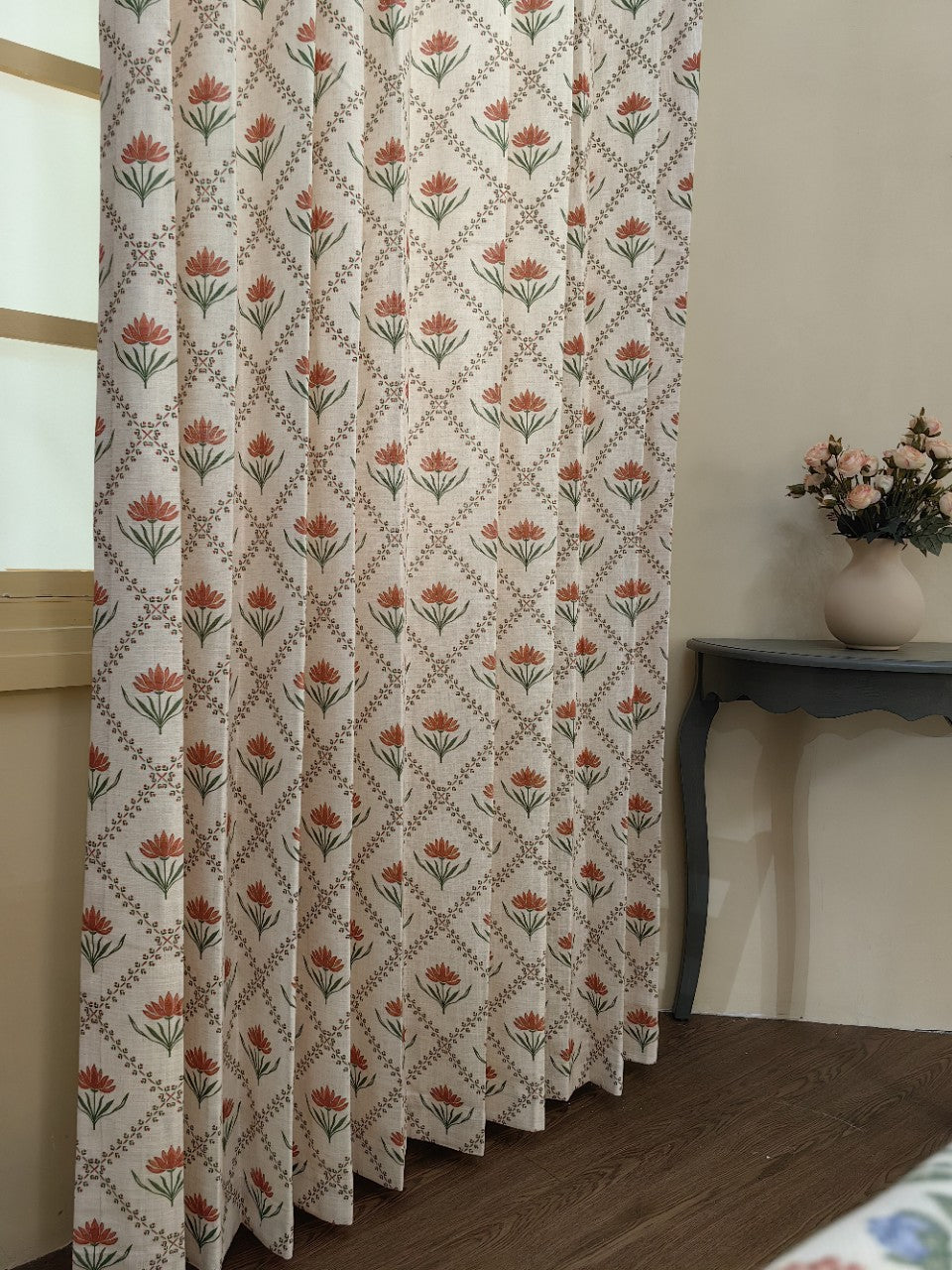 Elegant vertical folds and drape of the 10% linen blend floral curtain showcasing high-quality fabric weight.