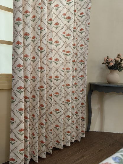 Elegant vertical folds and drape of the 10% linen blend floral curtain showcasing high-quality fabric weight.