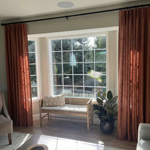 Custom Firebrick linen blackout curtains for bold American home decor