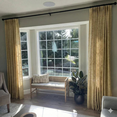 Soft Khaki Yellow pinch pleat linen curtains for a sun-drenched look