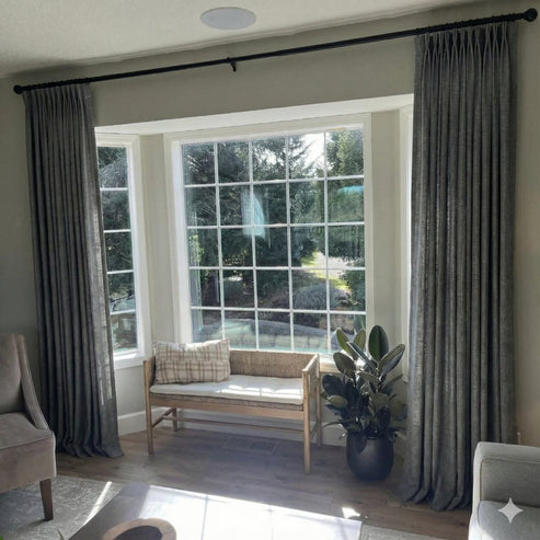Sleek Carbon Gray light blocking linen curtains with custom pinch pleats