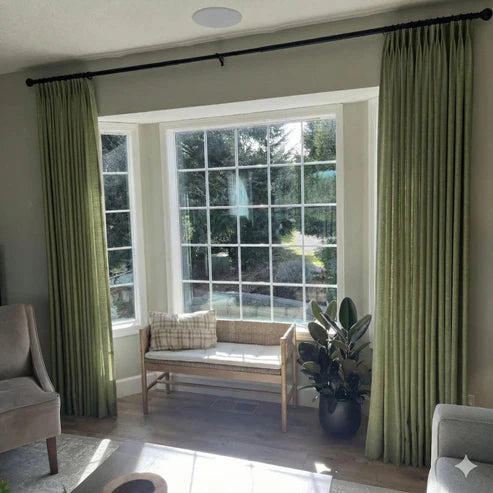 Custom Jade Green Olive light blocking linen curtains for a natural feel