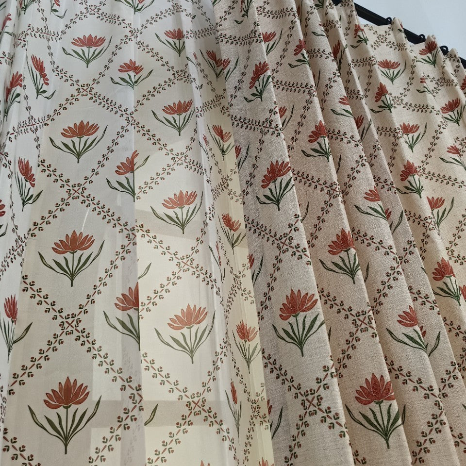 Close-up detail of the Pinch Pleat hanging style on the Cottage Bloom floral linen curtain.