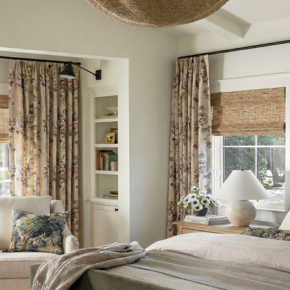 English Rose & Peony Floral Linen Curtains - Custom Romantic Botanical Drapes