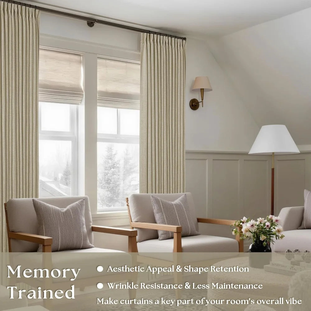 Dramatic lighting shot showing the perfect drape and memory shaping effect of Light Khaki linen curtains.