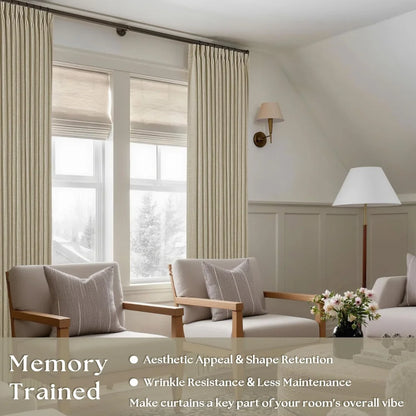 Dramatic lighting shot showing the perfect drape and memory shaping effect of Light Khaki linen curtains.