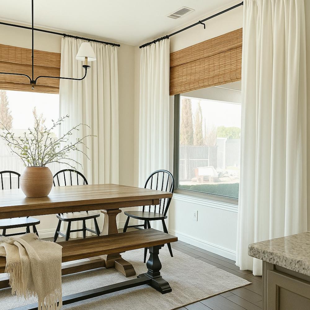 Elegant bamboo window shades for a modern farmhouse dining room decor.