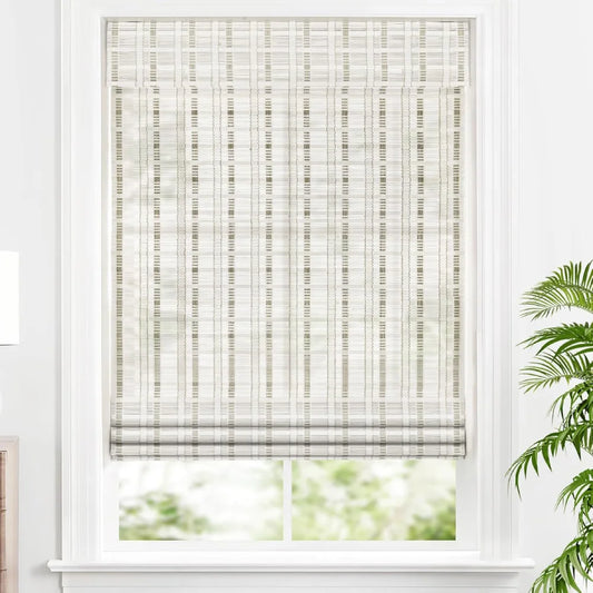 White cordless bamboo shades front view for modern decor.
