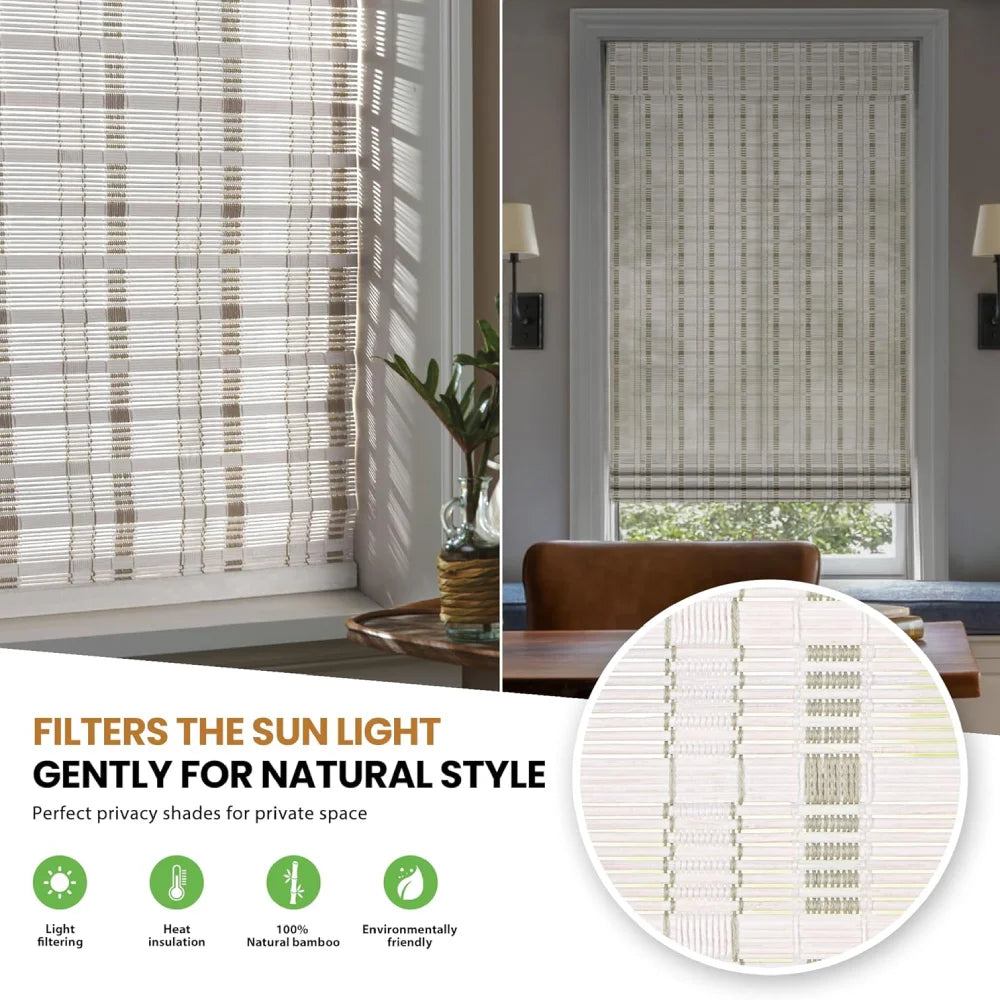 Soft light filtering effect through white indoor bamboo shades.