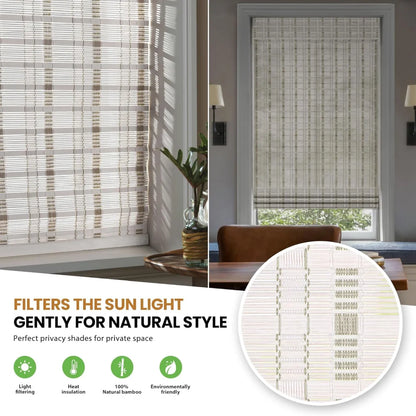 Soft light filtering effect through white indoor bamboo shades.