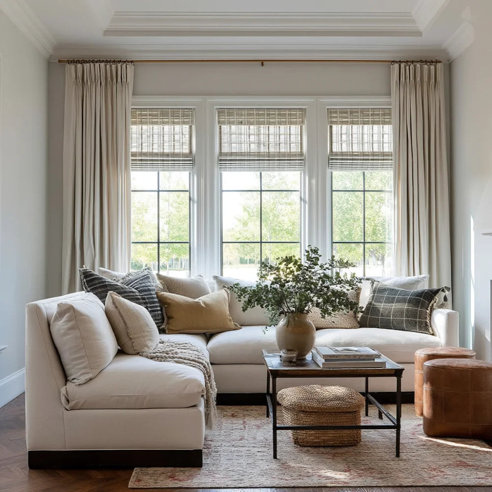 Minimalist white indoor bamboo shades with light filtering effect.