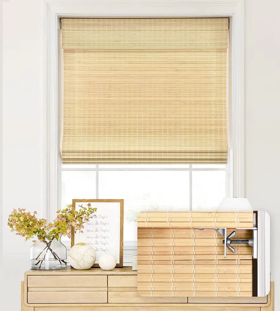 No-Drill Cordless Bamboo Woven Roman Shades A-001-N, handcrafted bamboo shades, no-tools installation