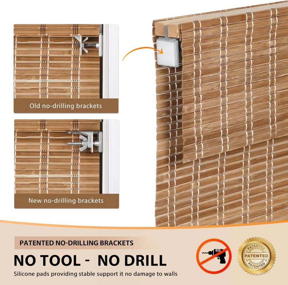 No-Drill Cordless Bamboo Woven Roman Shades headrail details, showing bamboo texture and no-tools installation system
