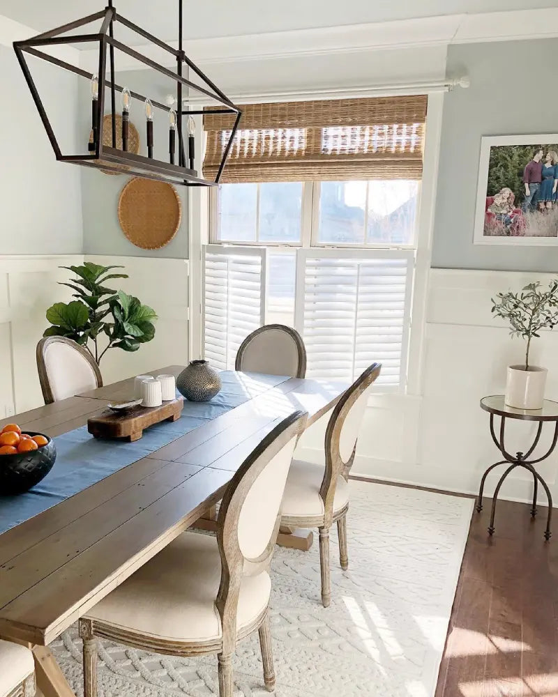 No-Drill Cordless Brown Bamboo Roman Shades, offering a stylish solution for dining room privacy