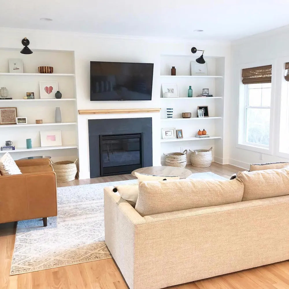 No-Drill Cordless Brown Bamboo Roman Shades in living room, offering easy installation and natural light filtering