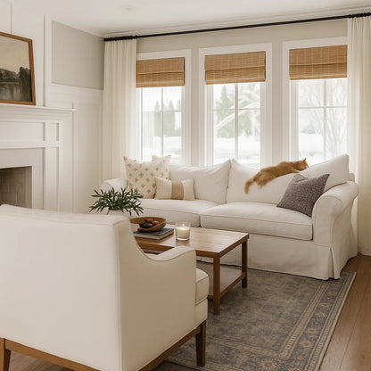No-Drill Cordless Brown Bamboo Roman Shades installed in a modern living room, blending with contemporary decor