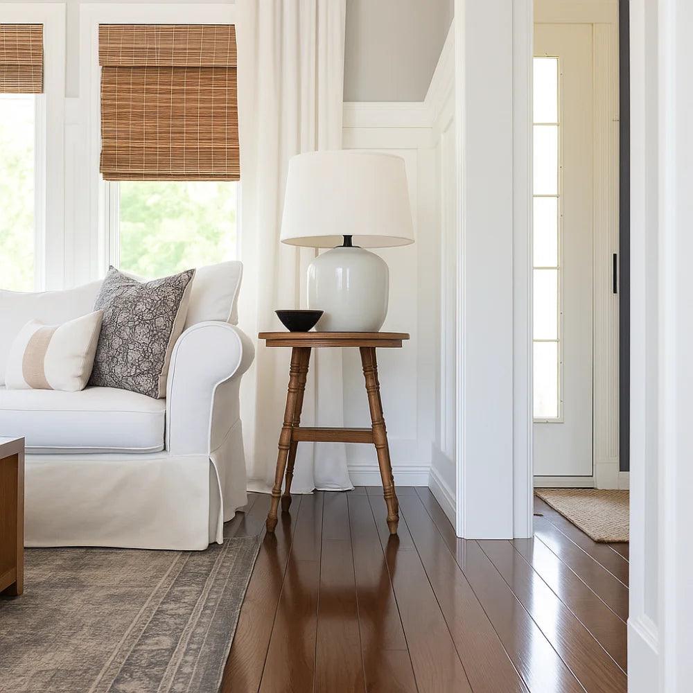 No-Drill Cordless Brown Bamboo Roman Shades, filtering sunlight and maintaining privacy in the living room